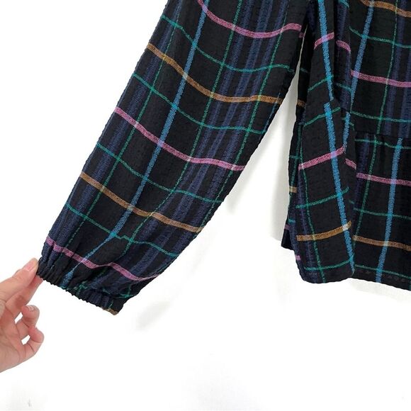 Loft Black Plaid Square Neck Colorful Print Peplum Blouse Career Top S - Picture 4 of 7